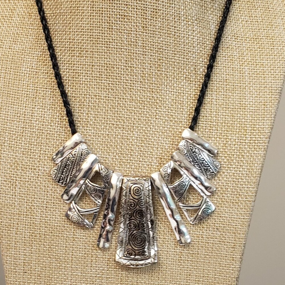 Two tone bar filegree dangle black twist cord necklace